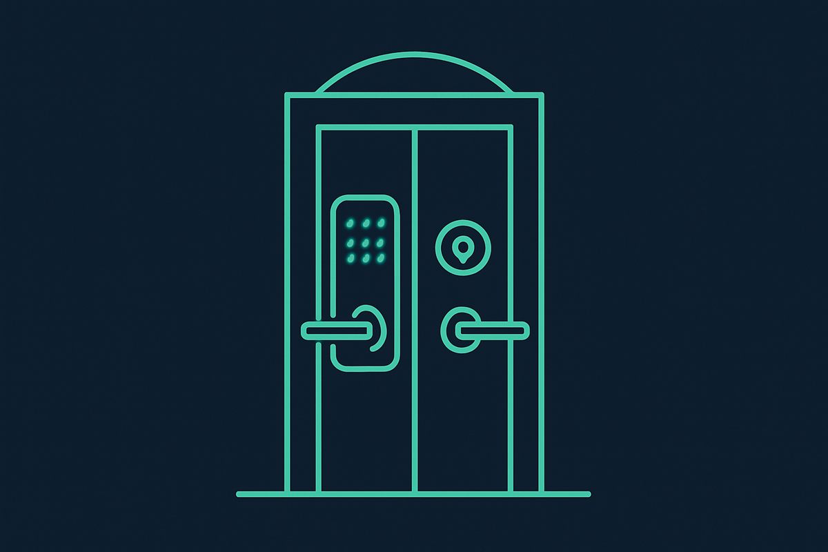 Ilustración de una puerta dividida entre un teclado de cerradura inteligente y un cerrojo reforzado