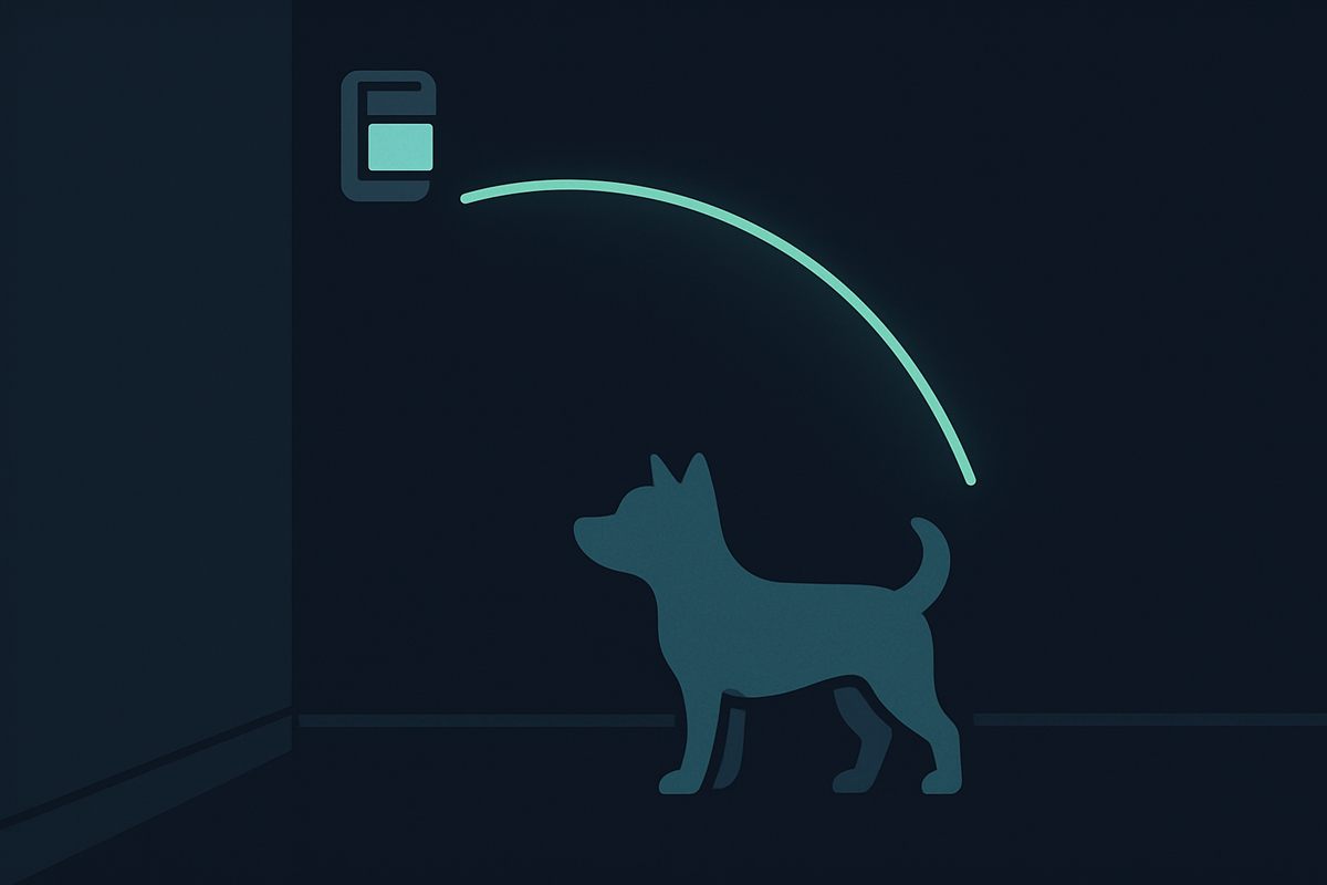 Ilustración de un perro pequeño en una habitación con el arco de detección de un sensor de movimiento