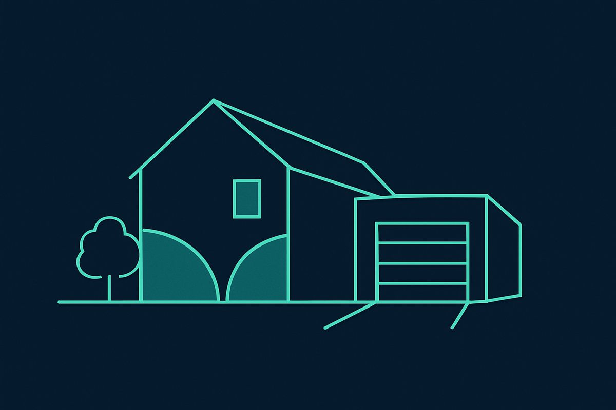 Ilustración de una vivienda con las zonas de patio, garaje y esquinas sin visibilidad destacadas